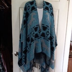Pashmina Blue and Gray Silk Blend Fabric Poncho Scarf One Size